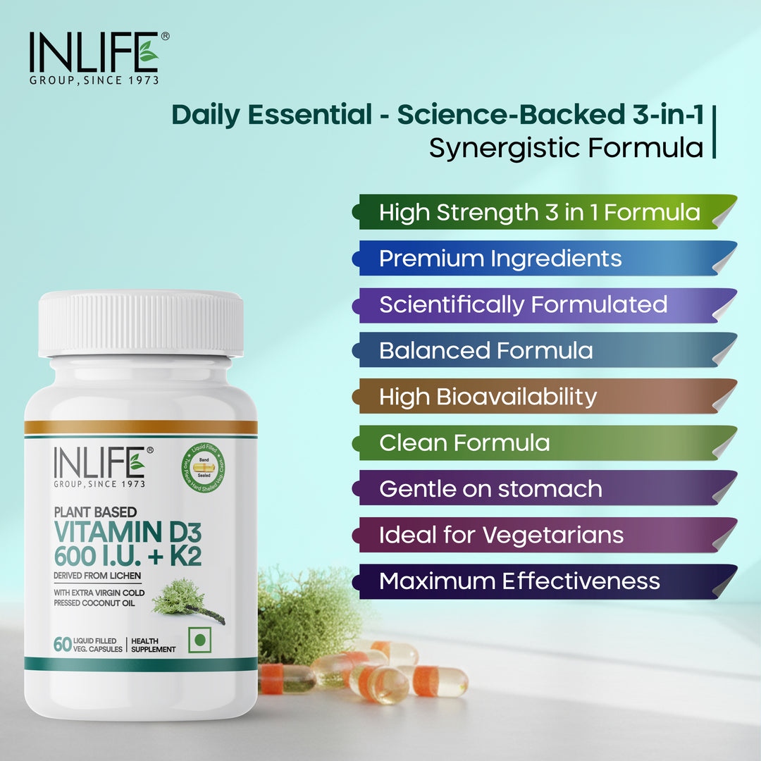 INLIFE Plant Based Vitamin D3 K2 Supplement, 600 IU - 60 Vegetarian Capsules
