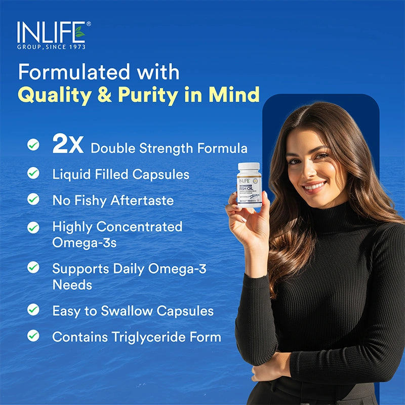 INLIFE Fish Oil Omega 3 Capsule 1000mg | Double Strength | Supplement for Heart, Brain and Joint Health for Men Women | EPA:DHA 36:24 - 60 Liquid Filled Capsules