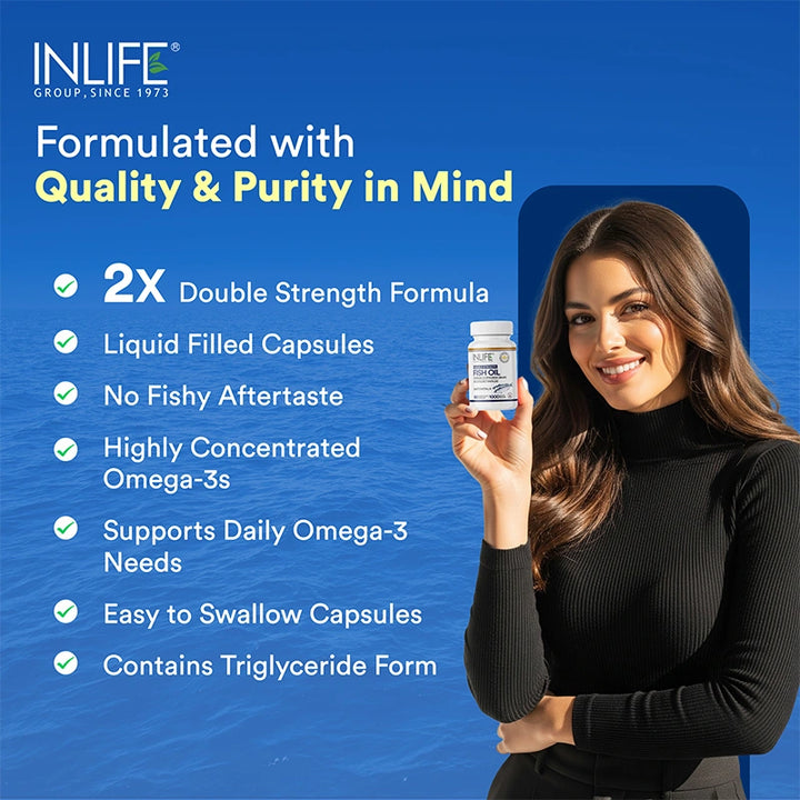 INLIFE Fish Oil Omega 3 Capsule 1000mg | Double Strength | Supplement for Heart, Brain and Joint Health for Men Women | EPA:DHA 36:24 - 60 Liquid Filled Capsules