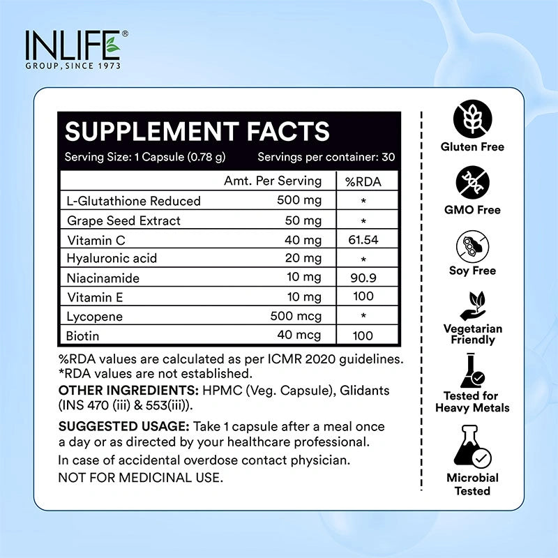 INLIFE L Glutathione Capsules 1000mg | Vitamin C Milk Thistle Grape Seed Extract Biotin | Skin and Liver Health Supplement for Men Women