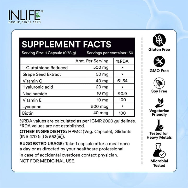 INLIFE L Glutathione Capsules 1000mg | Vitamin C Milk Thistle Grape Seed Extract Biotin | Skin and Liver Health Supplement for Men Women