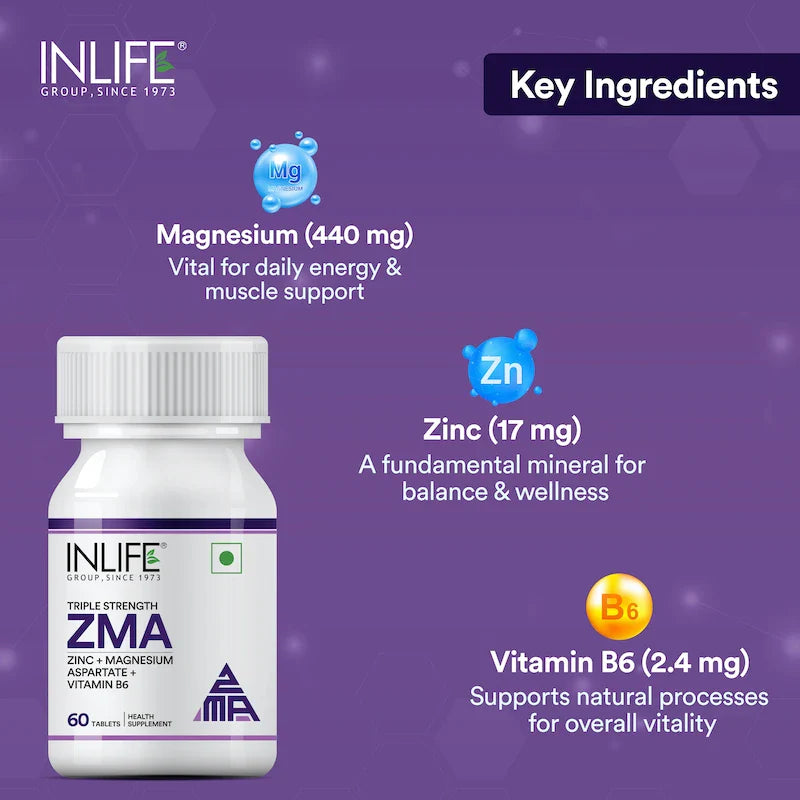 INLIFE ZMA- Zinc Magnesium Aspartate and Vitamin B6 Supplement