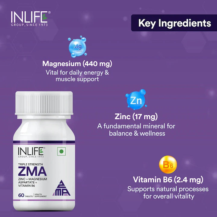 INLIFE ZMA- Zinc Magnesium Aspartate and Vitamin B6 Supplement