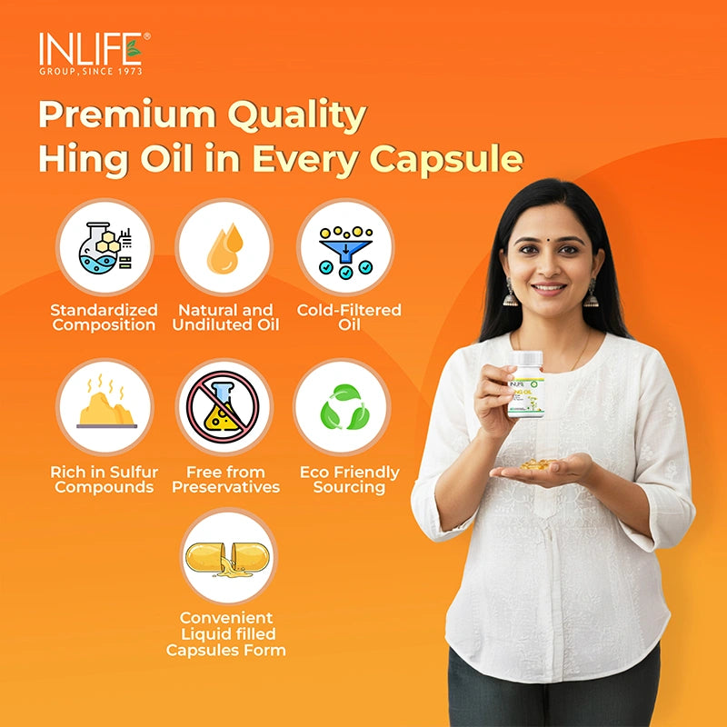 INLIFE Hing Oil Capsule (Asafoetida) | Faster Absorption than Powder | Digestion Support Supplement for Men and Women, 15mg - 60 Liquid Filled Vegetarian Capsules
