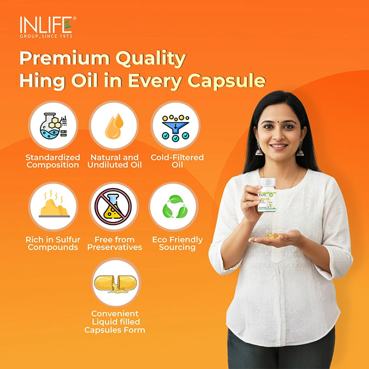 INLIFE Hing Oil Capsule (Asafoetida) | Faster Absorption than Powder | Digestion Support Supplement for Men and Women, 15mg - 60 Liquid Filled Vegetarian Capsules