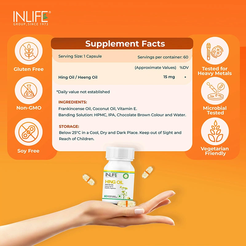 INLIFE Hing Oil Capsule (Asafoetida) | Faster Absorption than Powder | Digestion Support Supplement for Men and Women, 15mg - 60 Liquid Filled Vegetarian Capsules