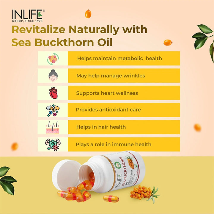 INLIFE Sea Buckthorn Oil Capsules 500mg | Omega 3 6 7 9 Supplement for Skin and Overall Wellness - 30 Liquid Filled Vegetarian Capsules