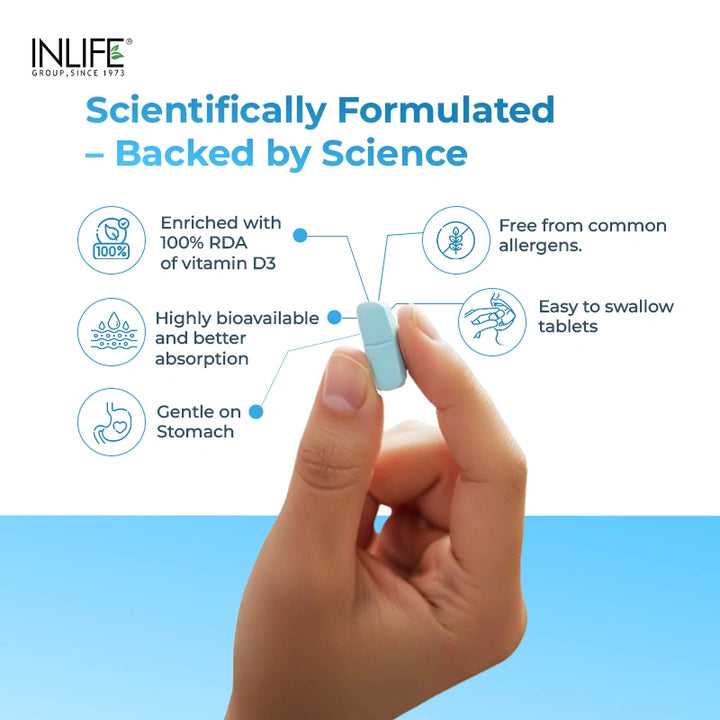 INLIFE Calcium 500 mg Vitamin D3 400 IU Supplement for Men Women
