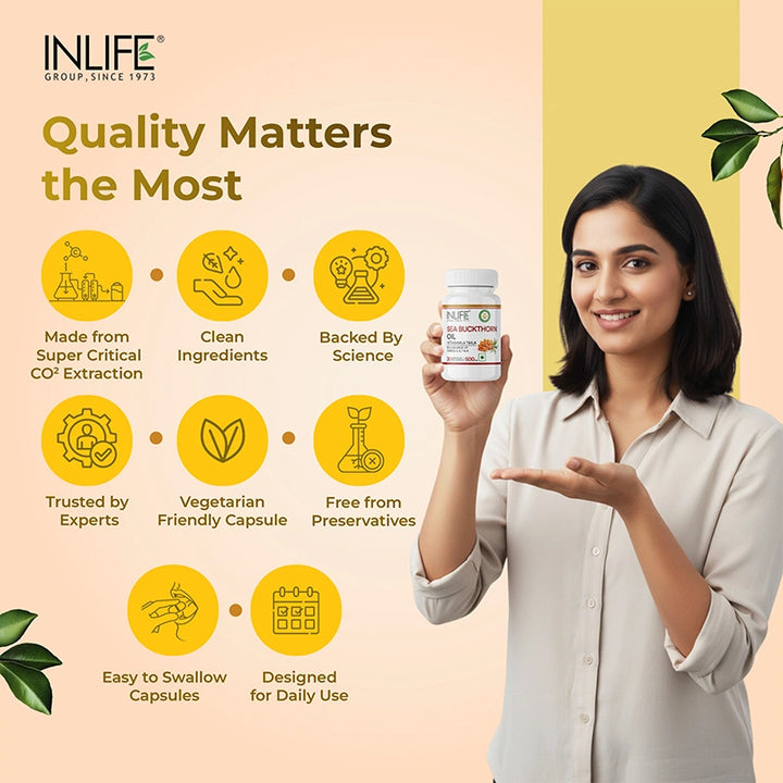 INLIFE Sea Buckthorn Oil Capsules 500mg | Omega 3 6 7 9 Supplement for Skin and Overall Wellness - 30 Liquid Filled Vegetarian Capsules