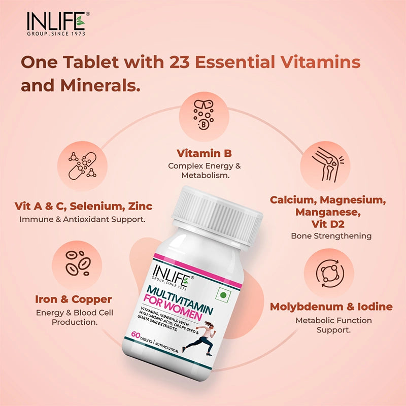 Inlife Multivitamin and Mineral for Women | Shatavari, Hyaluronic Acid, Grape Seed Extract