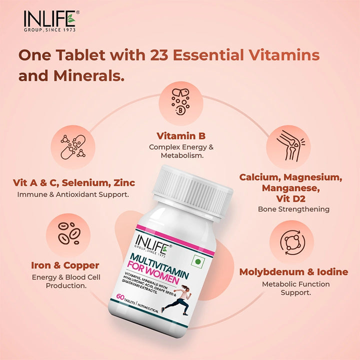 Inlife Multivitamin and Mineral for Women | Shatavari, Hyaluronic Acid, Grape Seed Extract