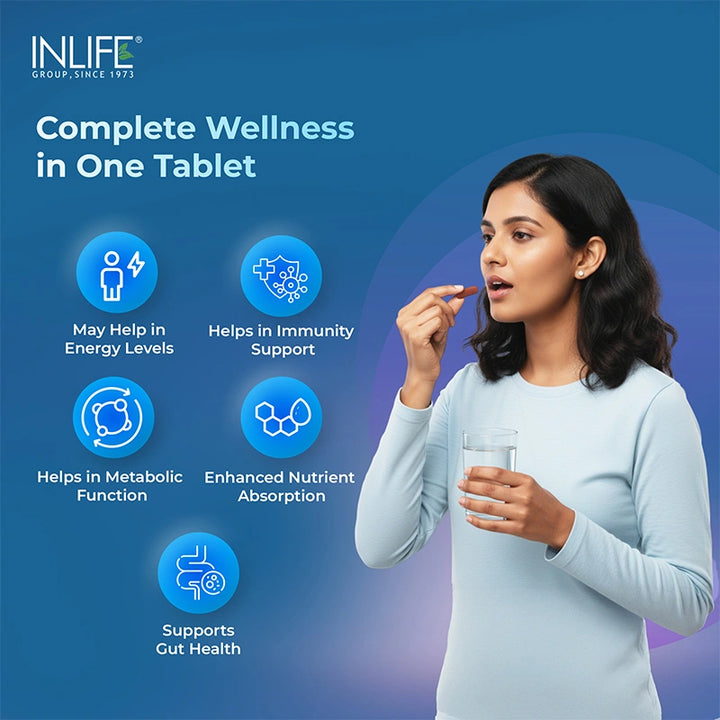 INLIFE Multivitamin Tablets For Men & Women with Ginseng & Prebiotic Probiotic | Multivitamin Supplement with Vitamin B12, C, D, E, Zinc & Biotin Nutrition Tablet