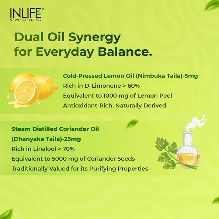 Inlife Natural Lemon & Coriander oil | Liquid Filled Veg Capsules