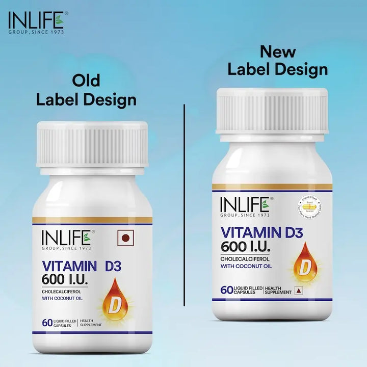 INLIFE Vitamin D3 600 IU Cholecalciferol Supplement with Coconut Oil - 60 Liquid Filled Capsules