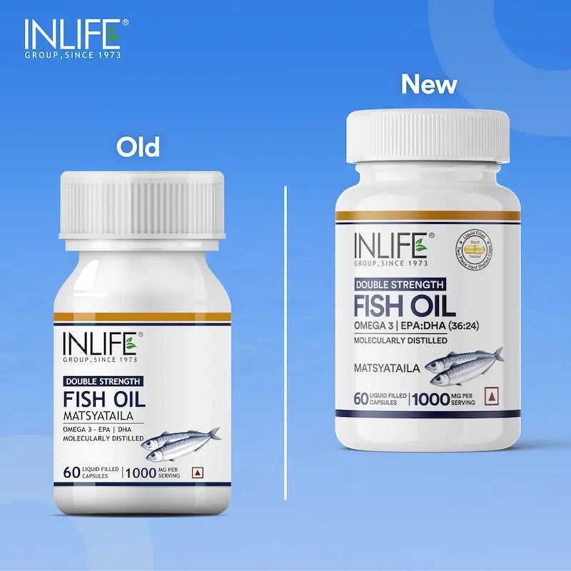 INLIFE Fish Oil Omega 3 Capsule 1000mg | Double Strength | Supplement for Heart, Brain and Joint Health for Men Women | EPA:DHA 36:24 - 60 Liquid Filled Capsules