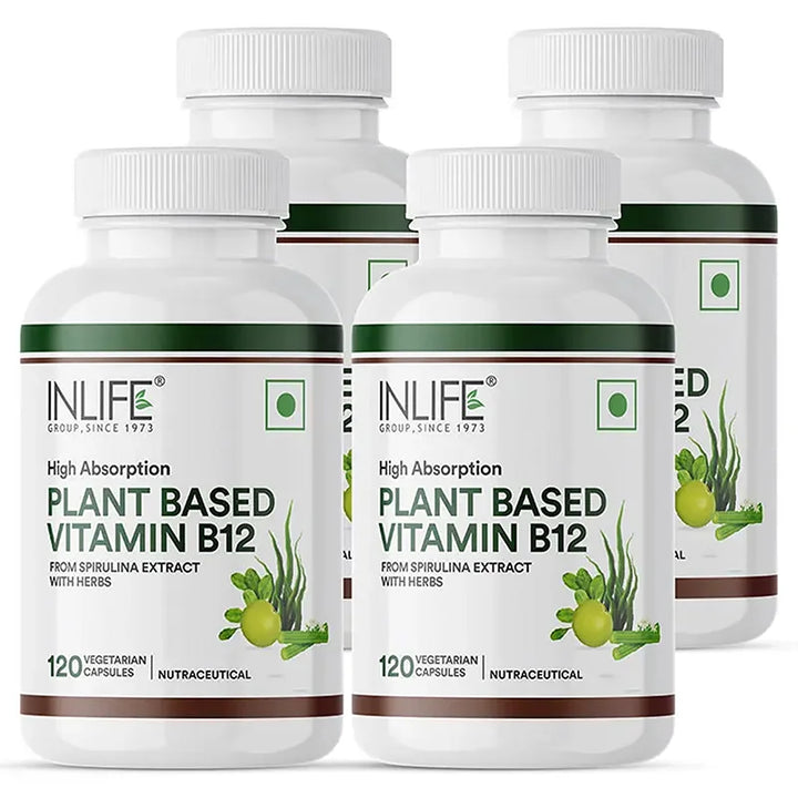 INLIFE Plant Based Vitamin B12 Supplements for Men & Women | Supports Nerve Health & Brain Health | Superfood Formula | B12 from Spirulina Extract