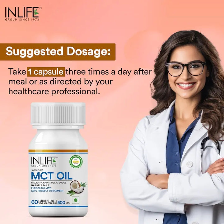 INLIFE Pure MCT Oil C8 C10 Keto Diet Friendly | Food Supplement, 500mg - 60 Liquid Filled Vegetarian Capsules