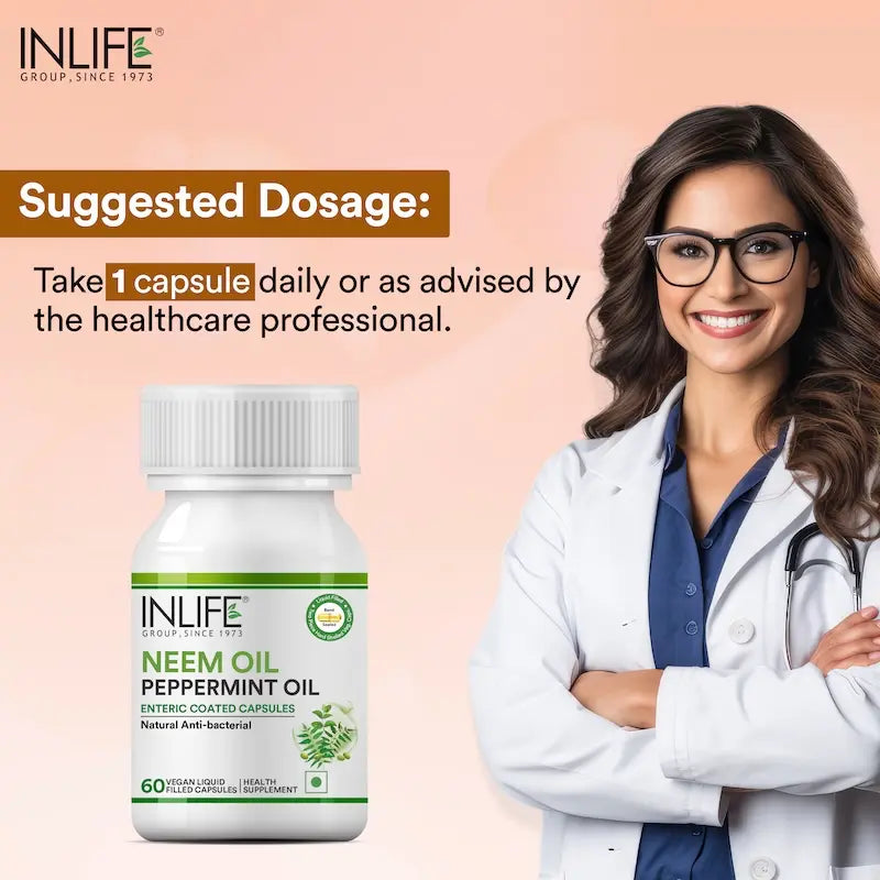 INLIFE Neem Oil 350mg with Peppermint Oil 150mg | Digestive Health & Skin, Hair Care Supplement | Enteric Coated Capsules – 60 Liquid Filled Vegetarian Capsules