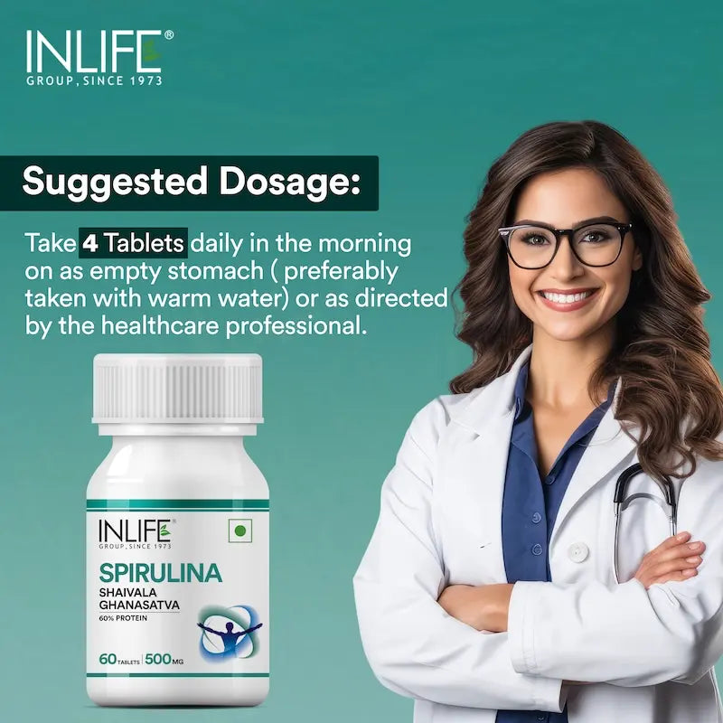 INLIFE Spirulina Tablets 500 mg | Green Superfood Supplement | Nutritional Supplement Protein Fiber Antioxidants