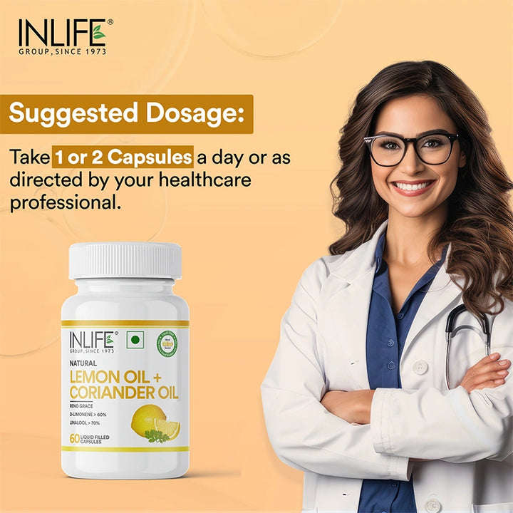 Inlife Natural Lemon & Coriander oil | Liquid Filled Veg Capsules