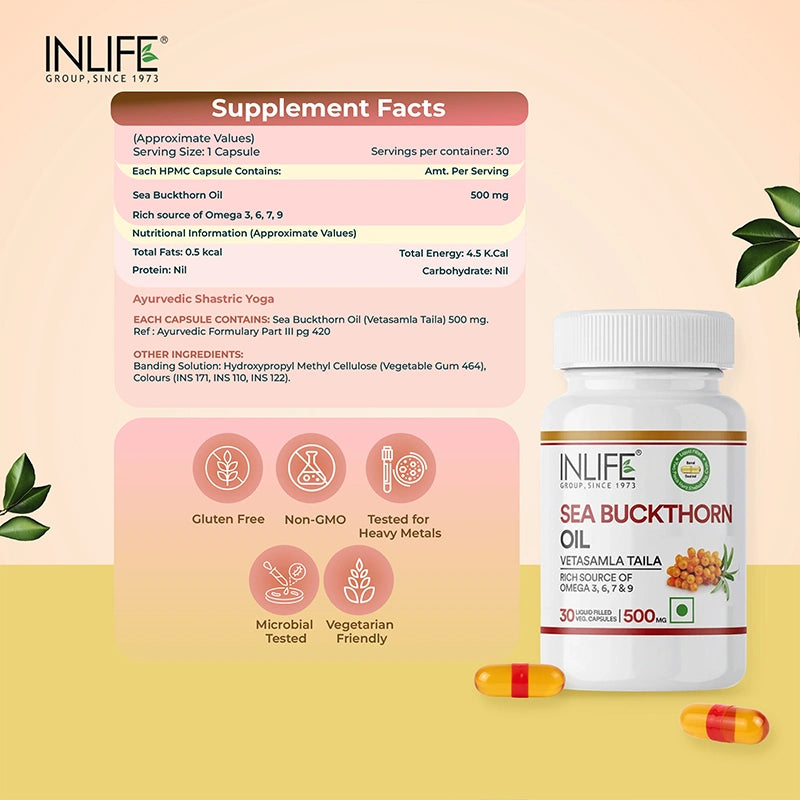 INLIFE Sea Buckthorn Oil Capsules 500mg | Omega 3 6 7 9 Supplement for Skin and Overall Wellness - 30 Liquid Filled Vegetarian Capsules