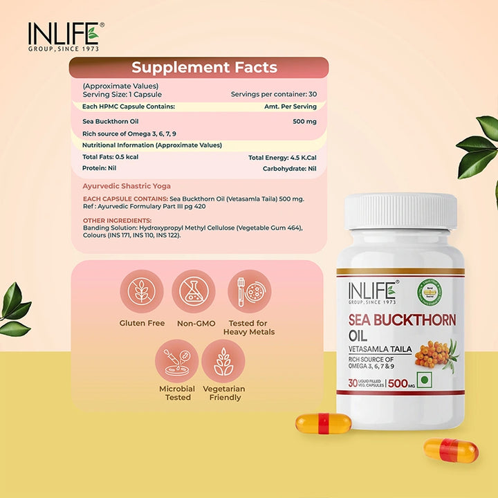 INLIFE Sea Buckthorn Oil Capsules 500mg | Omega 3 6 7 9 Supplement for Skin and Overall Wellness - 30 Liquid Filled Vegetarian Capsules