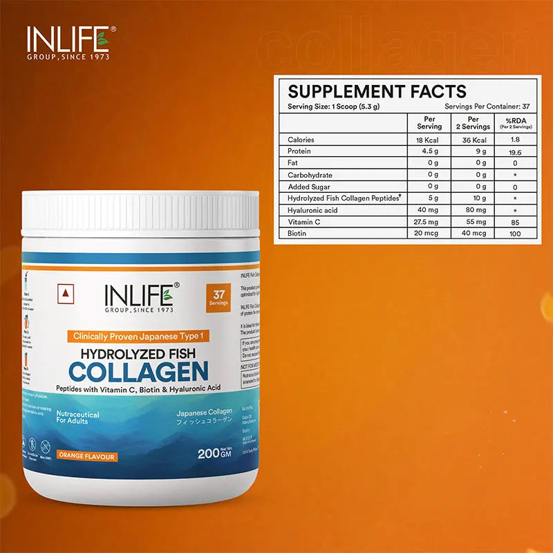 INLIFE Japanese Marine Collagen Supplements for Women & Men | Fish Collagen Powder for Skin & Hair | Clinically Proven Ingredient with Biotin, Hyaluronic Acid, Vitamin C & Glucosamine