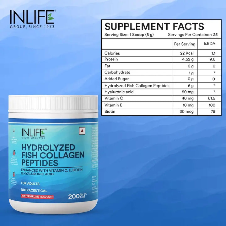 Inlife Hydrolyzed Fish Collagen Peptides Supplement | Enhanced with Vitamin E, Vitamin C, Biotin, Hyaluronic Acid 200g