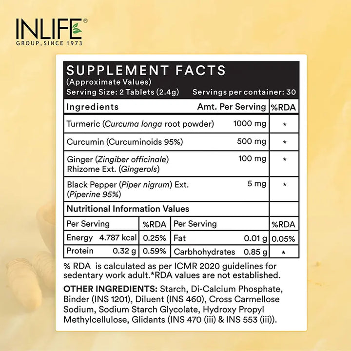 INLIFE Turmeric Curcumin Supplement with Ginger & Black Pepper | Vegetarian Tablets