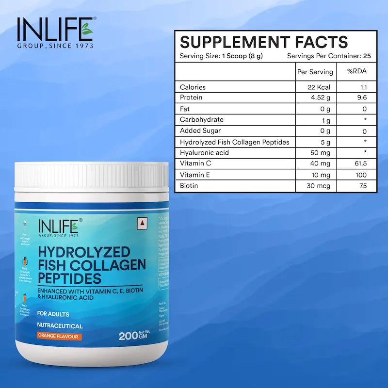 Inlife Hydrolyzed Fish Collagen Peptides Supplement | Enhanced with Vitamin E, Vitamin C, Biotin, Hyaluronic Acid 200g