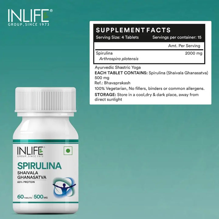 INLIFE Spirulina Tablets 500 mg | Green Superfood Supplement | Nutritional Supplement Protein Fiber Antioxidants