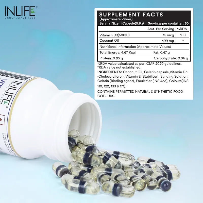 INLIFE Vitamin D3 600 IU Cholecalciferol Supplement with Coconut Oil - 60 Liquid Filled Capsules