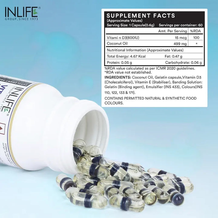 INLIFE Vitamin D3 600 IU Cholecalciferol Supplement with Coconut Oil - 60 Liquid Filled Capsules