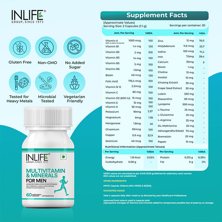 INLIFE Multivitamins & Minerals Amino Acids Antioxidants for Men Health Supplement