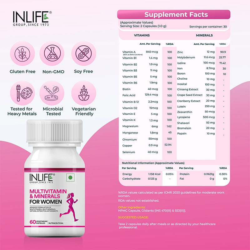 INLIFE Multivitamins & Minerals Antioxidants for Women Daily Formula Vitamins Supplement