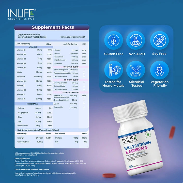 INLIFE Multivitamin Tablets For Men & Women with Ginseng & Prebiotic Probiotic | Multivitamin Supplement with Vitamin B12, C, D, E, Zinc & Biotin Nutrition Tablet