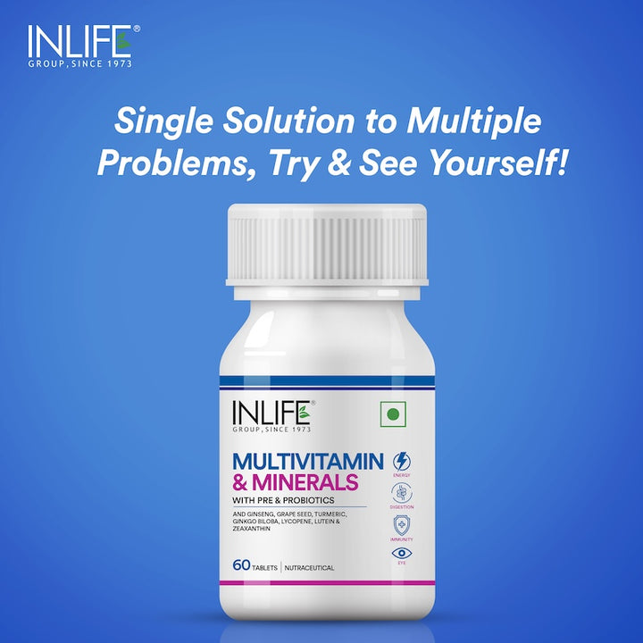 INLIFE Multivitamin Tablets For Men & Women with Ginseng & Prebiotic Probiotic | Multivitamin Supplement with Vitamin B12, C, D, E, Zinc & Biotin Nutrition Tablet