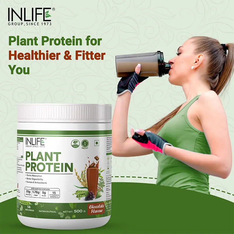 INLIFE Plant Protein Powder - Pea, Quinoa & Brown Rice - 25g Protein - Ashwagandha, Green Tea & Grape Seed Extract | Digestive Enzymes Bodybuilding Supplement