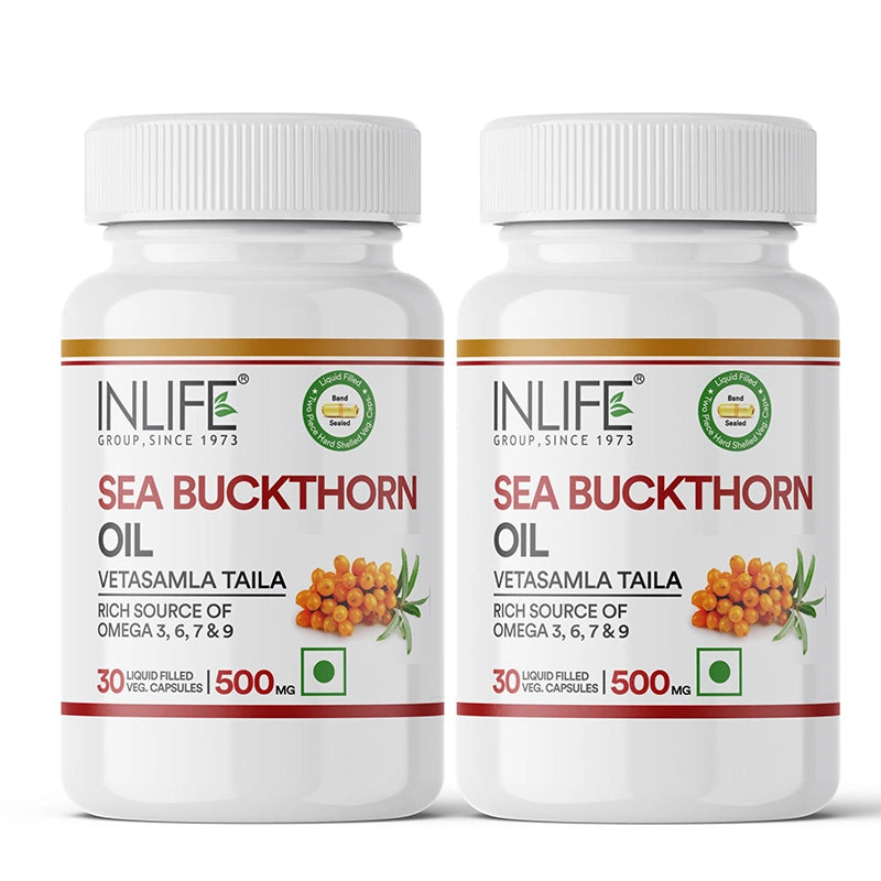 INLIFE Sea Buckthorn Oil Capsules 500mg | Omega 3 6 7 9 Supplement for Skin and Overall Wellness - 30 Liquid Filled Vegetarian Capsules