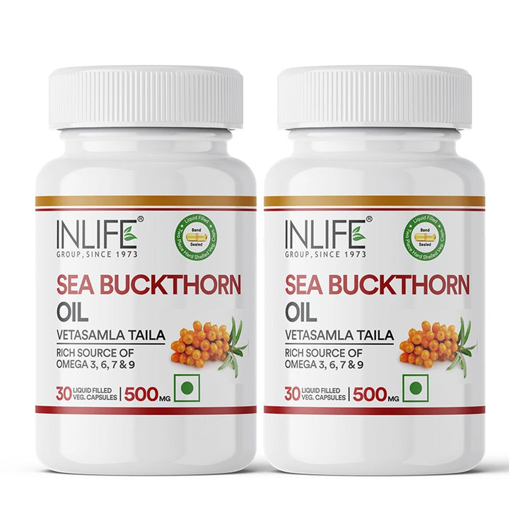 INLIFE Sea Buckthorn Oil Capsules 500mg | Omega 3 6 7 9 Supplement for Skin and Overall Wellness - 30 Liquid Filled Vegetarian Capsules