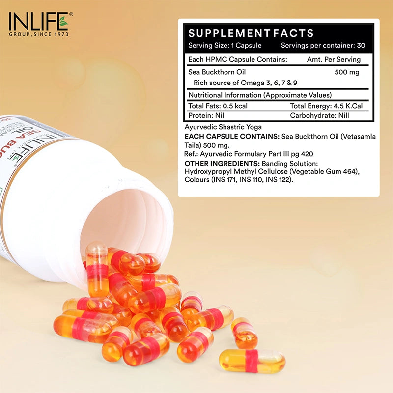 INLIFE Sea Buckthorn Oil Capsules 500mg | Omega 3 6 7 9 Supplement for Skin and Overall Wellness - 30 Liquid Filled Vegetarian Capsules