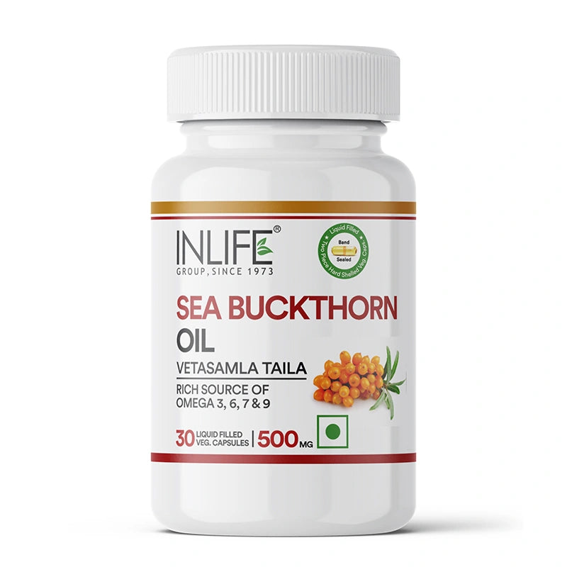 INLIFE Sea Buckthorn Oil Capsules 500mg | Omega 3 6 7 9 Supplement for Skin and Overall Wellness - 30 Liquid Filled Vegetarian Capsules