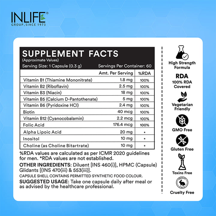 Inlife B-Complex Supplement | 8 Essential B-Vitamins with Alpha Lipoic Acid, Inositol & Choline | Vegetarian Capsules
