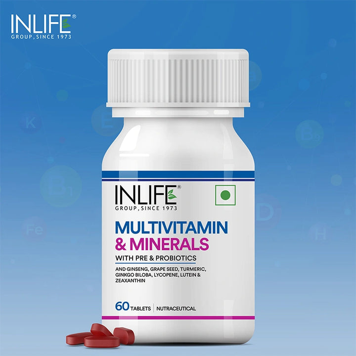 INLIFE Multivitamin Tablets For Men & Women with Ginseng & Prebiotic Probiotic | Multivitamin Supplement with Vitamin B12, C, D, E, Zinc & Biotin Nutrition Tablet