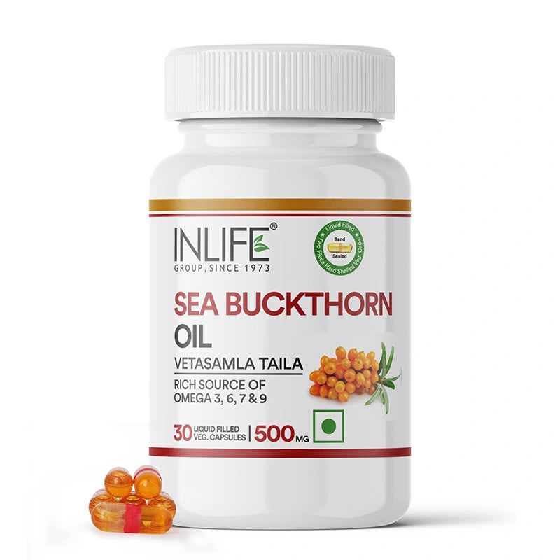 INLIFE Sea Buckthorn Oil Capsules 500mg | Omega 3 6 7 9 Supplement for Skin and Overall Wellness - 30 Liquid Filled Vegetarian Capsules