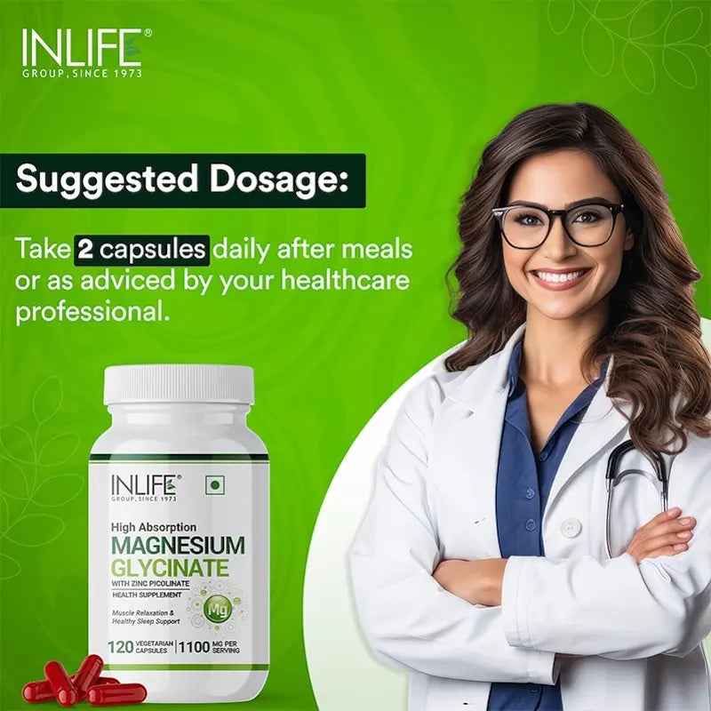 INLIFE Magnesium Glycinate Supplement 1100mg (Elemental Magnesium 242mg) with Zinc 10mg (as Zinc Picolinate) Per Serving