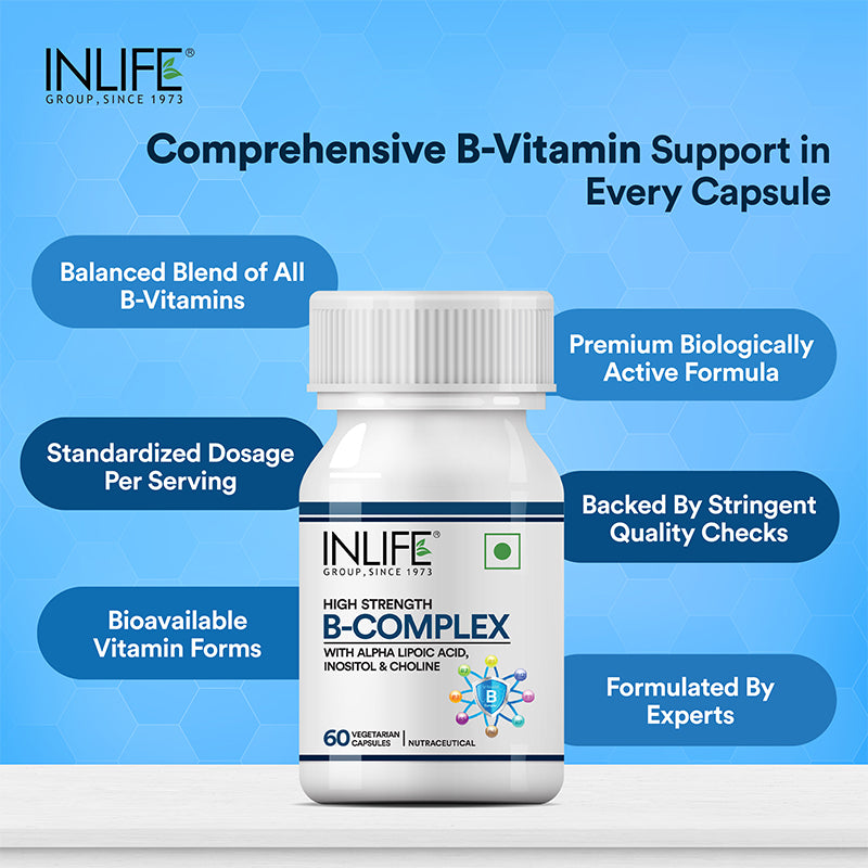 Inlife B-Complex Supplement | 8 Essential B-Vitamins with Alpha Lipoic Acid, Inositol & Choline | Vegetarian Capsules