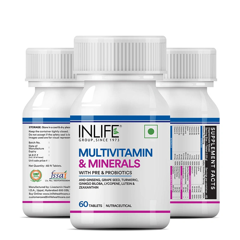 INLIFE Multivitamin Tablets For Men & Women with Ginseng & Prebiotic Probiotic | Multivitamin Supplement with Vitamin B12, C, D, E, Zinc & Biotin Nutrition Tablet