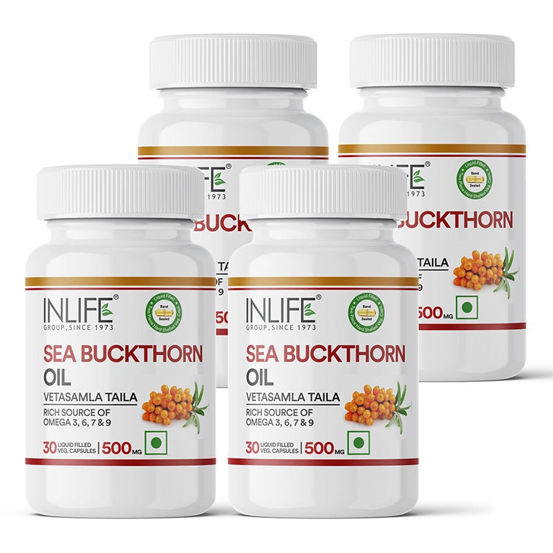 INLIFE Sea Buckthorn Oil Capsules 500mg | Omega 3 6 7 9 Supplement for Skin and Overall Wellness - 30 Liquid Filled Vegetarian Capsules