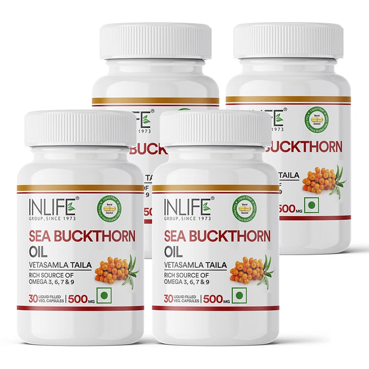 INLIFE Sea Buckthorn Oil Capsules 500mg | Omega 3 6 7 9 Supplement for Skin and Overall Wellness - 30 Liquid Filled Vegetarian Capsules